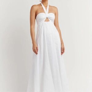 DISSH Verdes Halter White Linen Maxi Dress